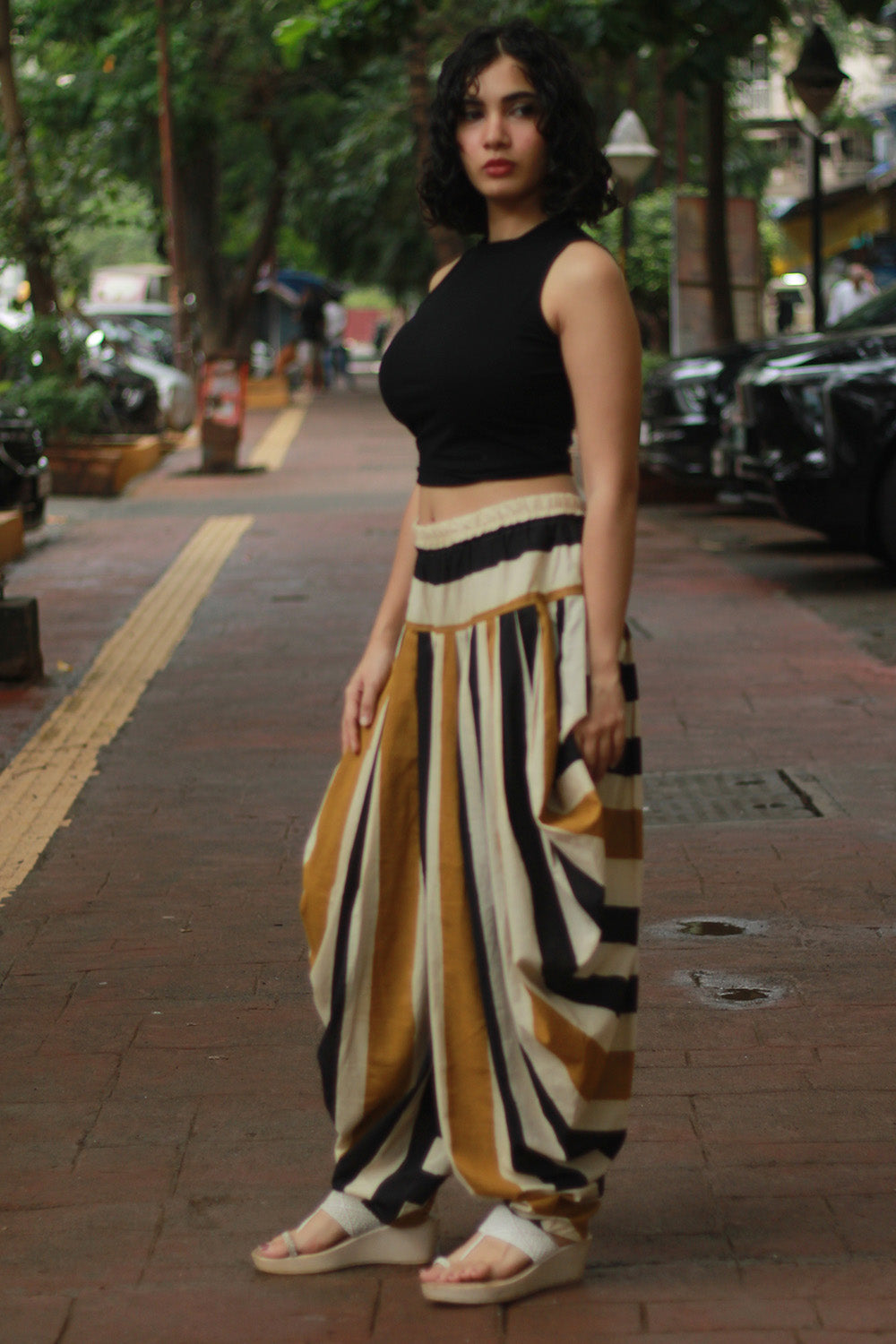 Maskhari | Draped Patiala Pants | Mustard Striped Bagru
