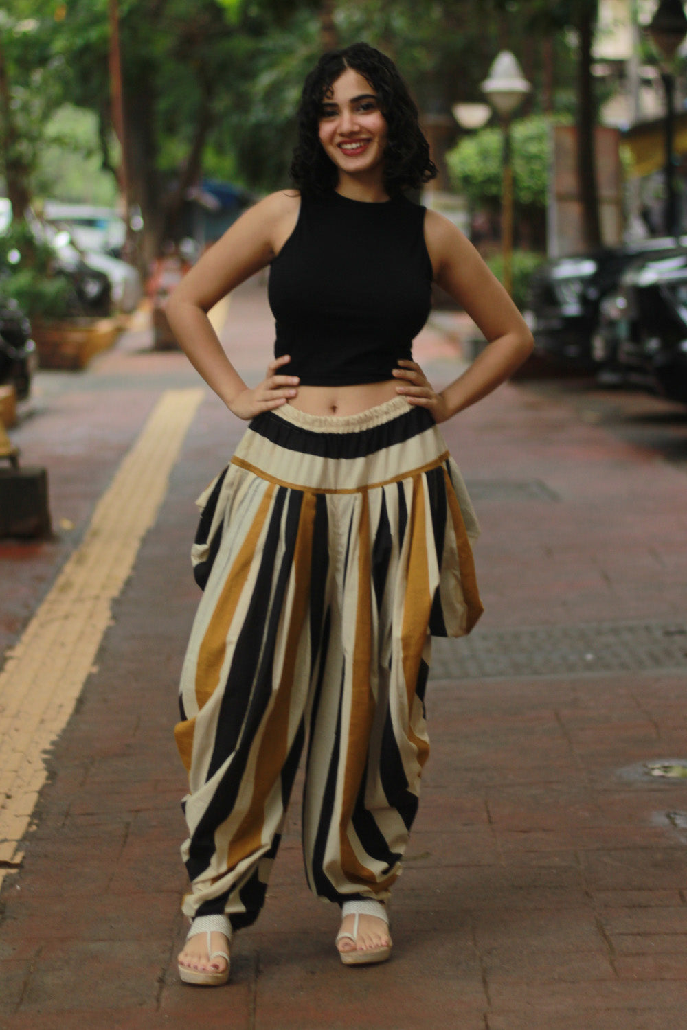 Maskhari | Draped Patiala Pants | Mustard Striped Bagru