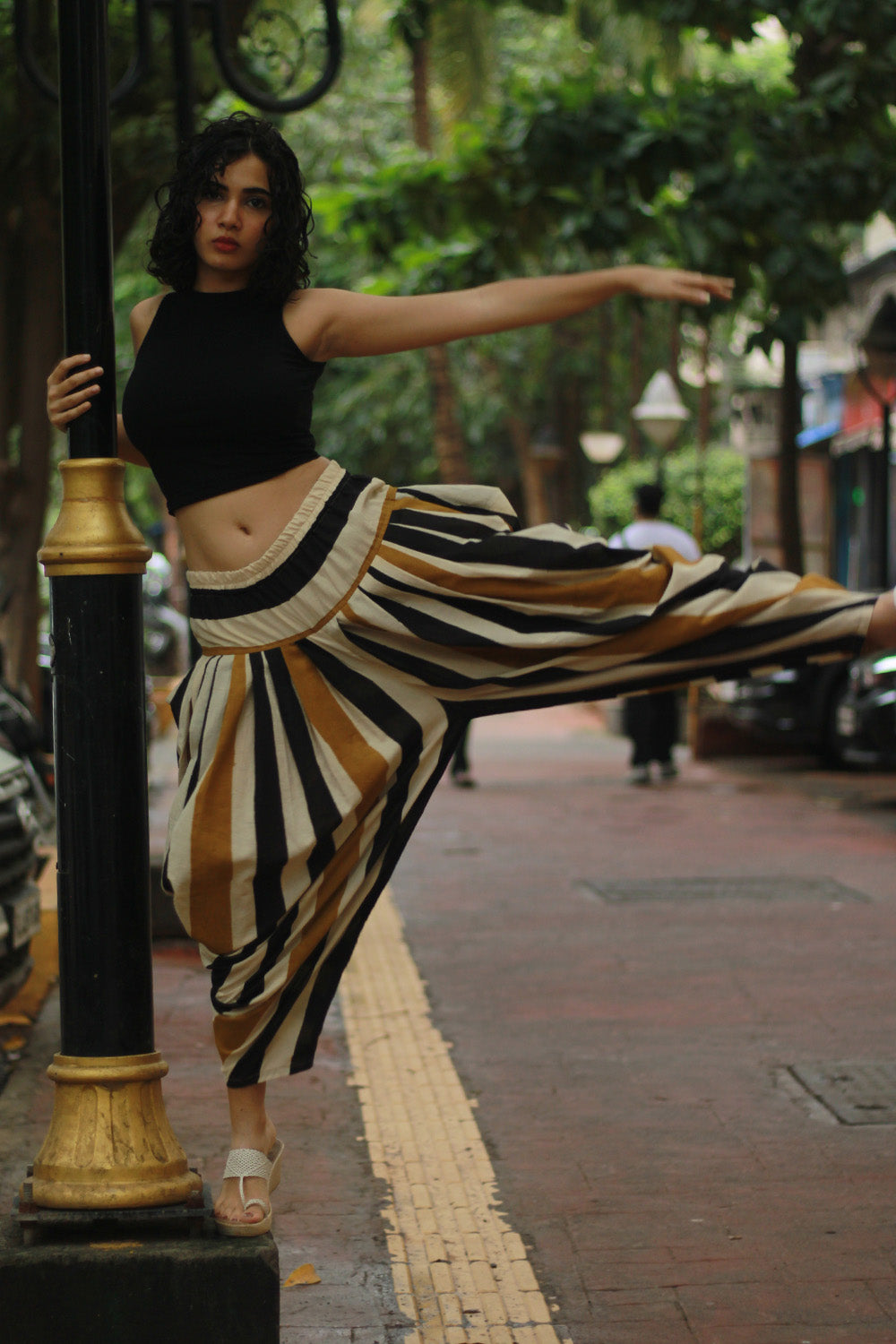 Maskhari | Draped Patiala Pants | Mustard Striped Bagru