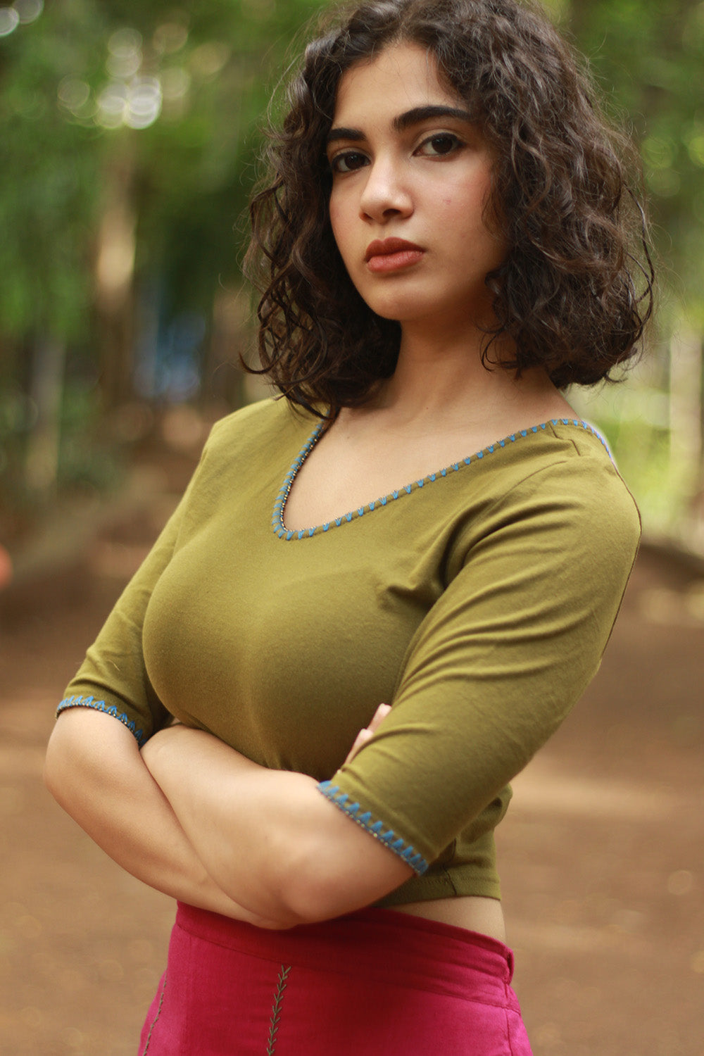 Kirgiti | Stretchable Blouse / Crop Top | Olive Green with Embroidery