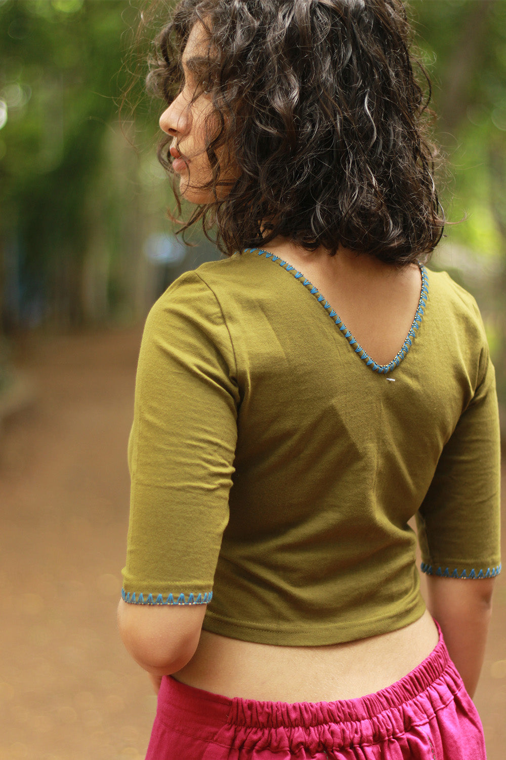 Kirgiti | Stretchable Blouse / Crop Top | Olive Green with Embroidery
