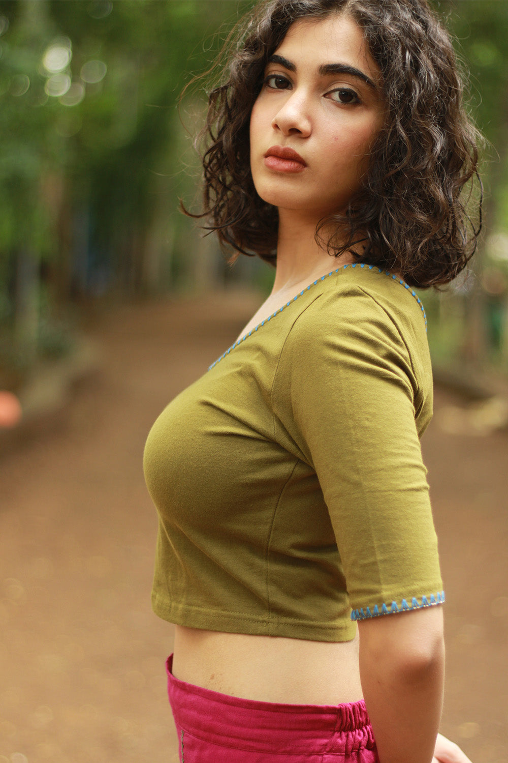 Kirgiti | Stretchable Blouse / Crop Top | Olive Green with Embroidery
