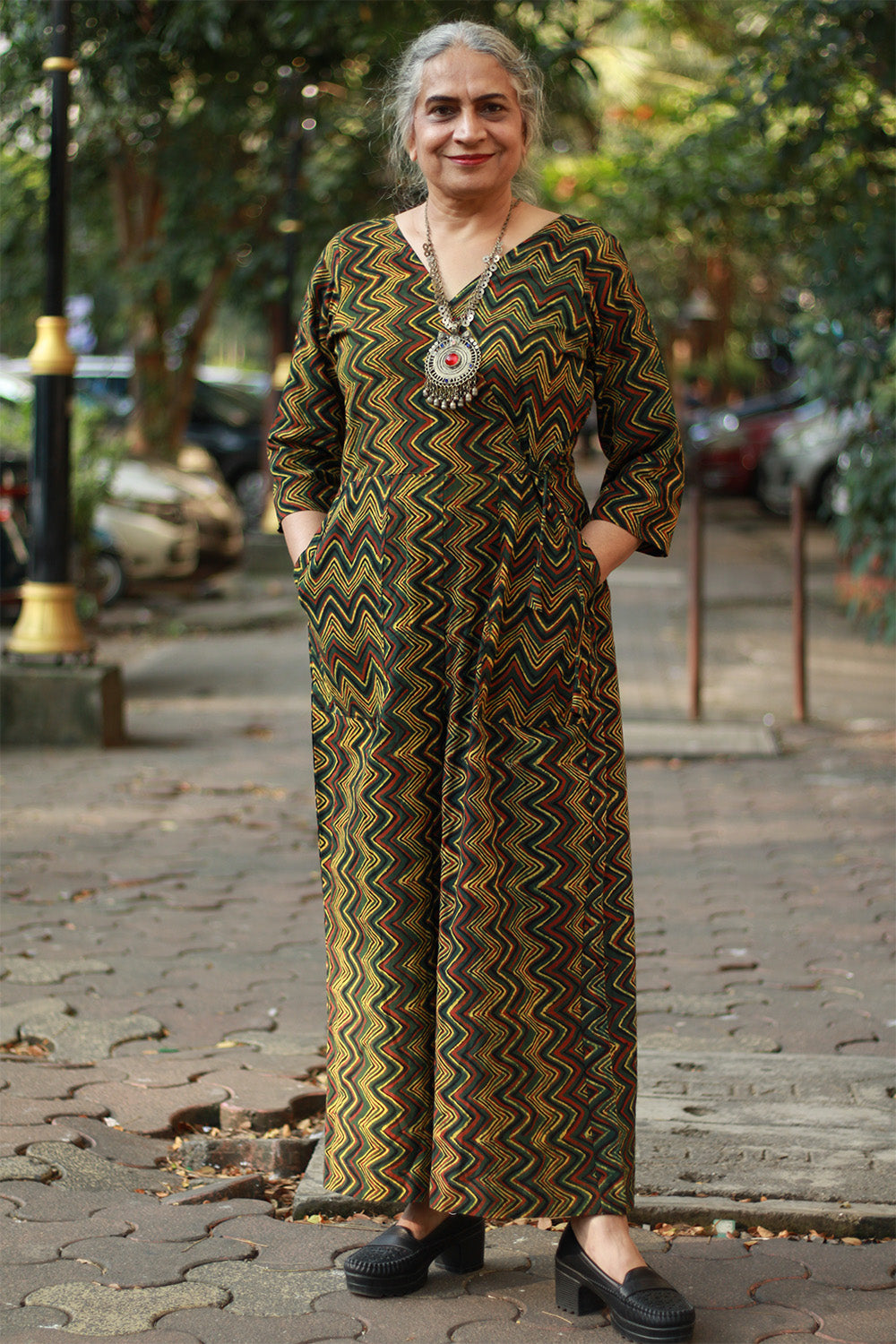 Anurima | Angarkha Style Jumpsuit | Chevron Ajrakh Green