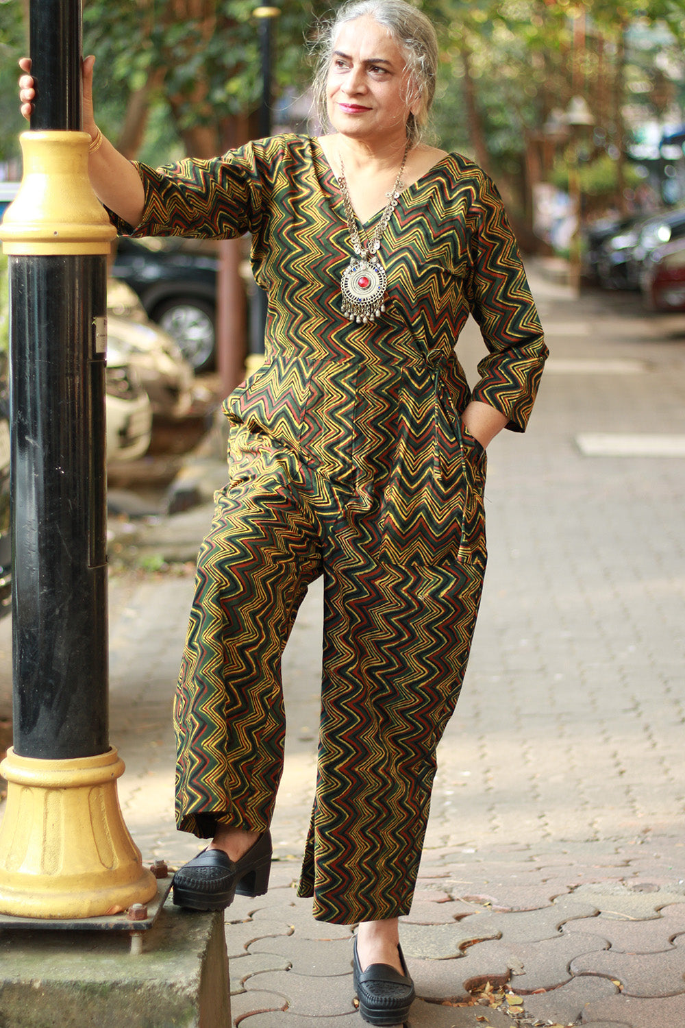 Anurima | Angarkha Style Jumpsuit | Chevron Ajrakh Green