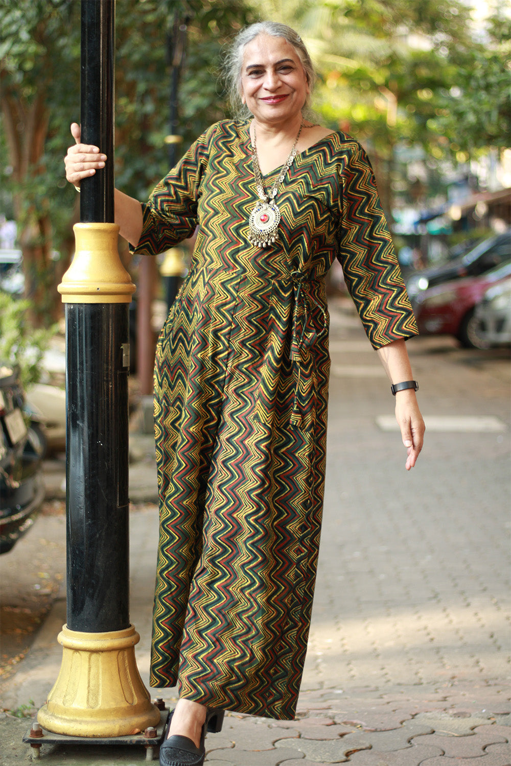 Anurima | Angarkha Style Jumpsuit | Chevron Ajrakh Green