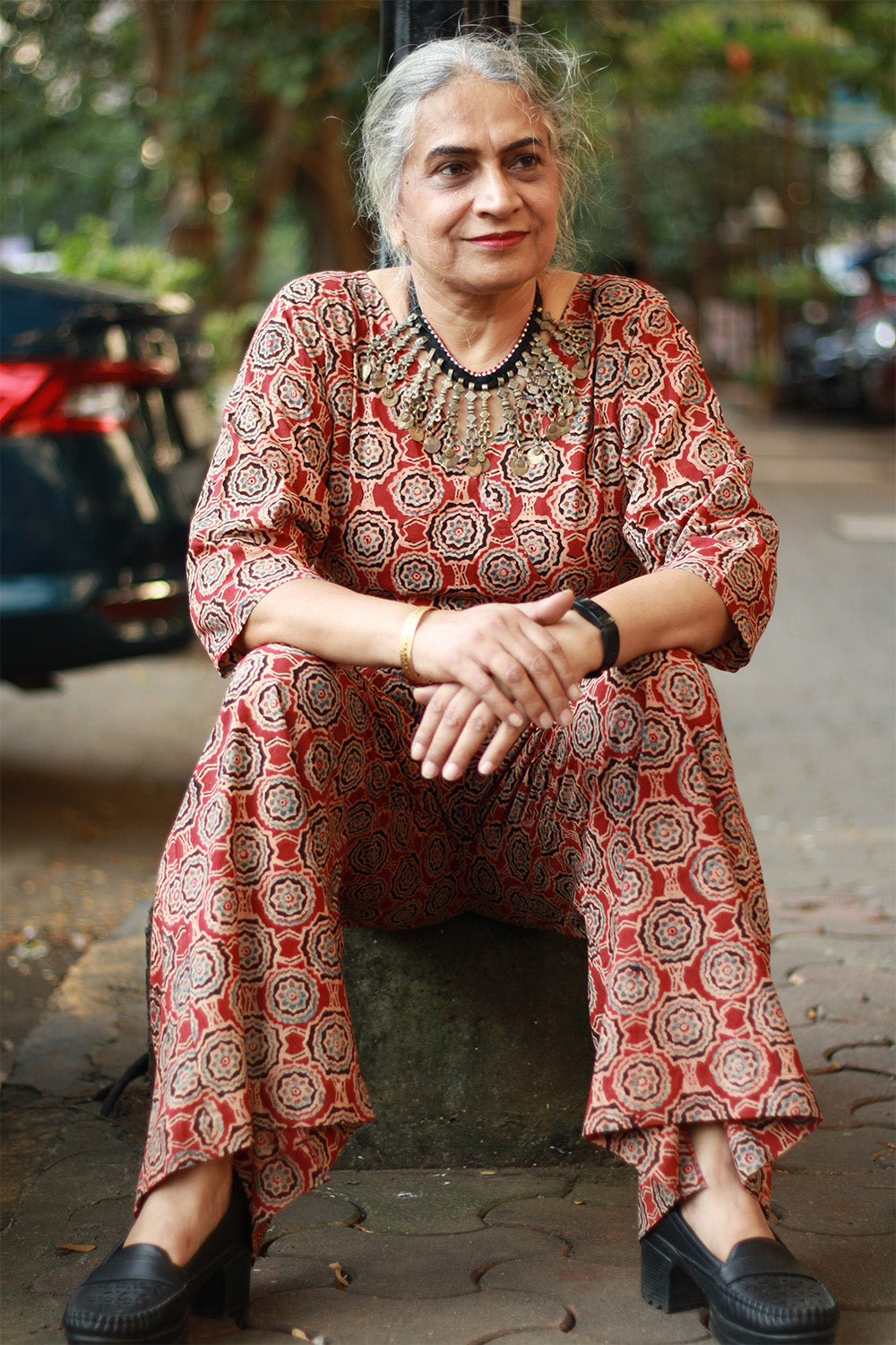 Anurima | Angarkha Style Jumpsuit | Floral Ajrakh Madder