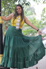 Ghumar | Mul Tiered Long Skirt | Forest Green