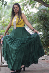 Ghumar | Mul Tiered Long Skirt | Forest Green