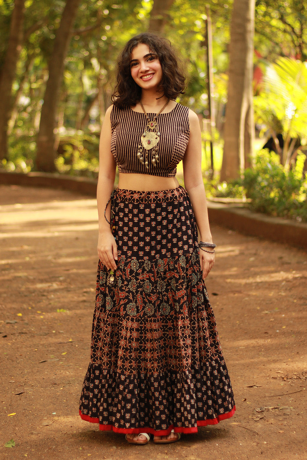 Ghumar | Tiered Long Skirt | Noir Ajrakh Medley