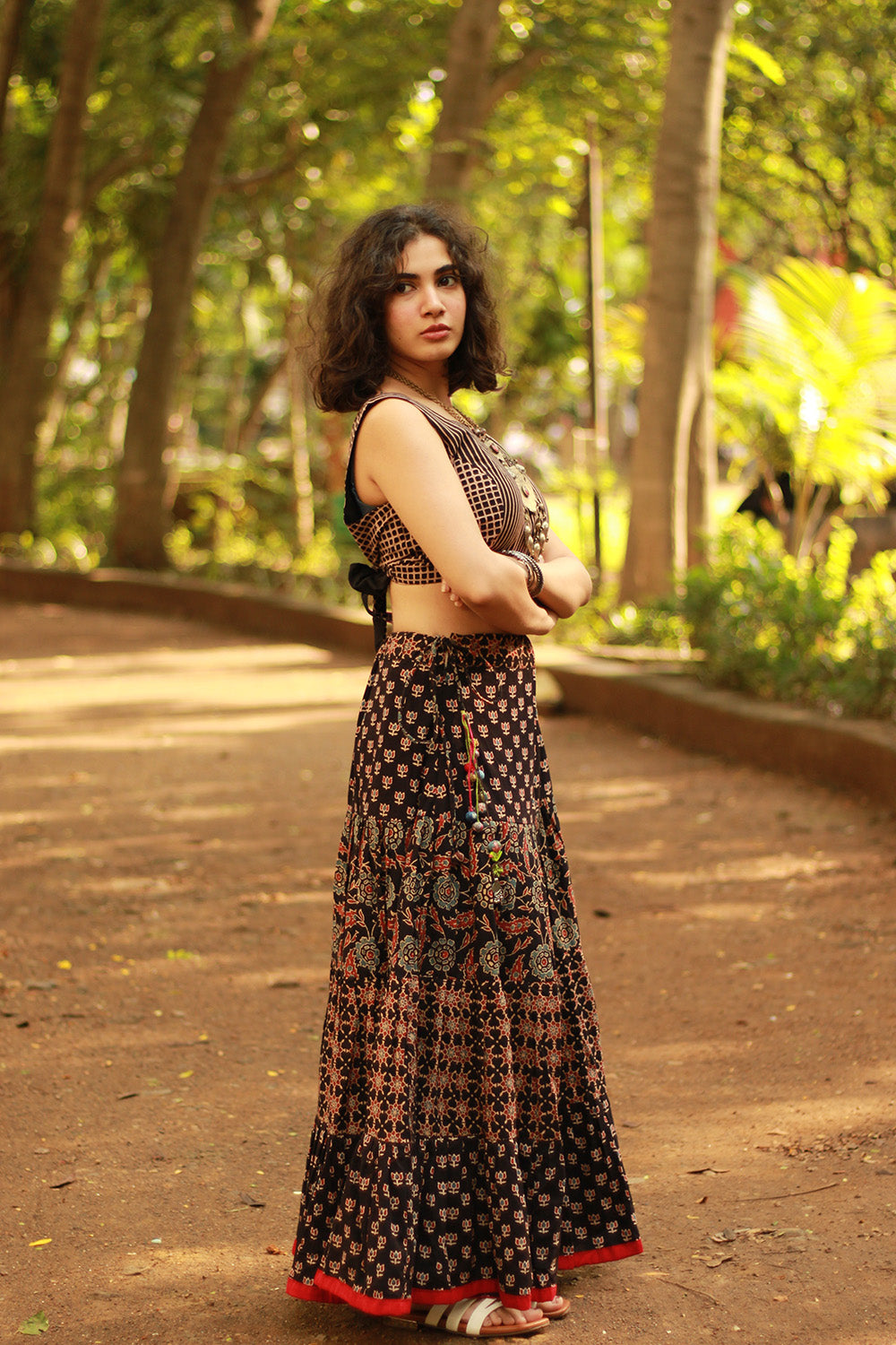 Ghumar | Tiered Long Skirt | Noir Ajrakh Medley