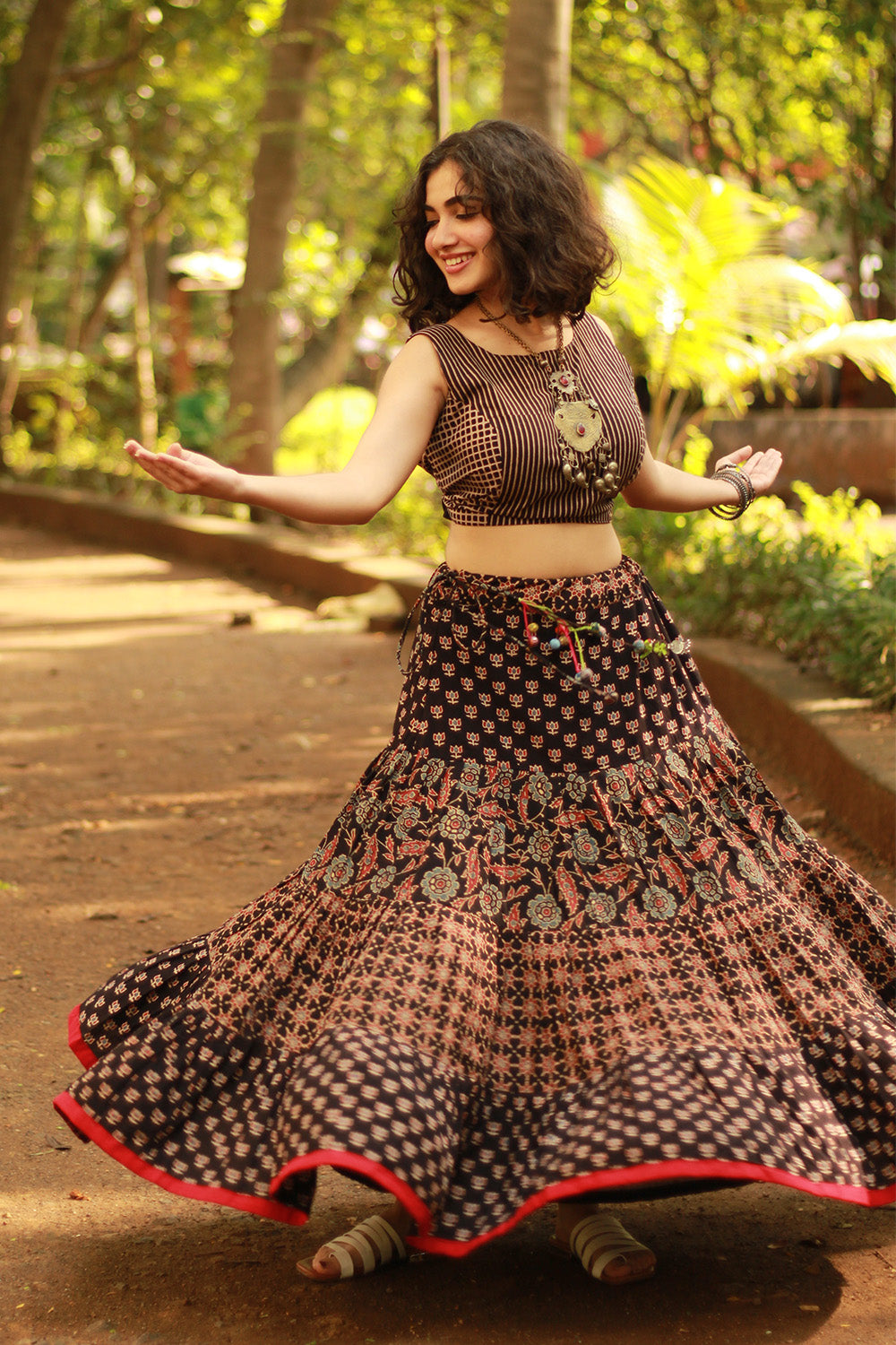 Ghumar | Tiered Long Skirt | Noir Ajrakh Medley