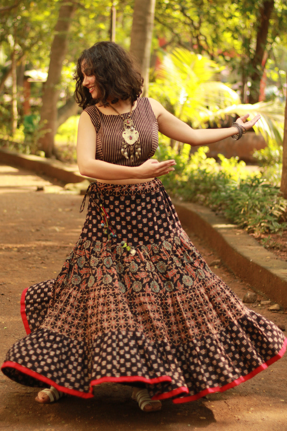 Ghumar | Tiered Long Skirt | Noir Ajrakh Medley