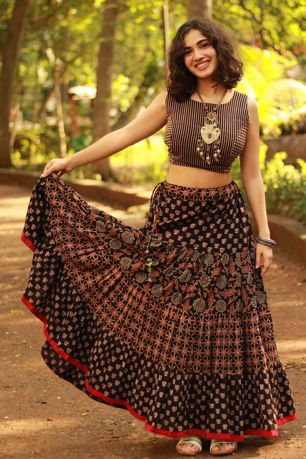 Ghumar | Tiered Long Skirt | Noir Ajrakh Medley