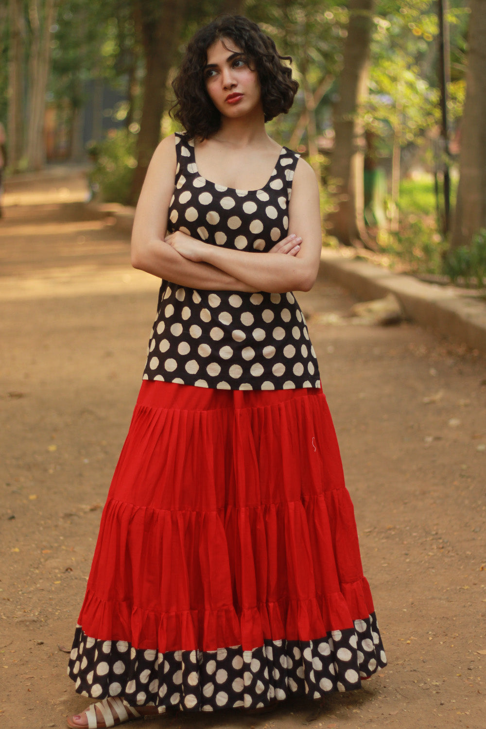 Ghumar | Tiered Long Skirt | Red with Noir Polka