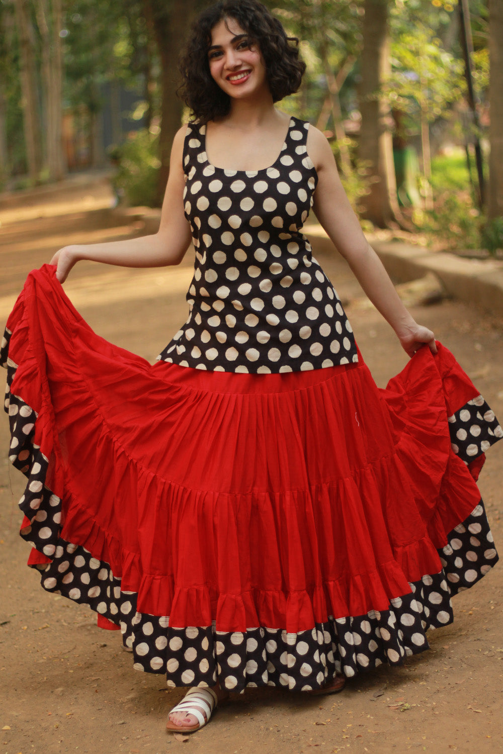 Ghumar | Tiered Long Skirt | Red with Noir Polka