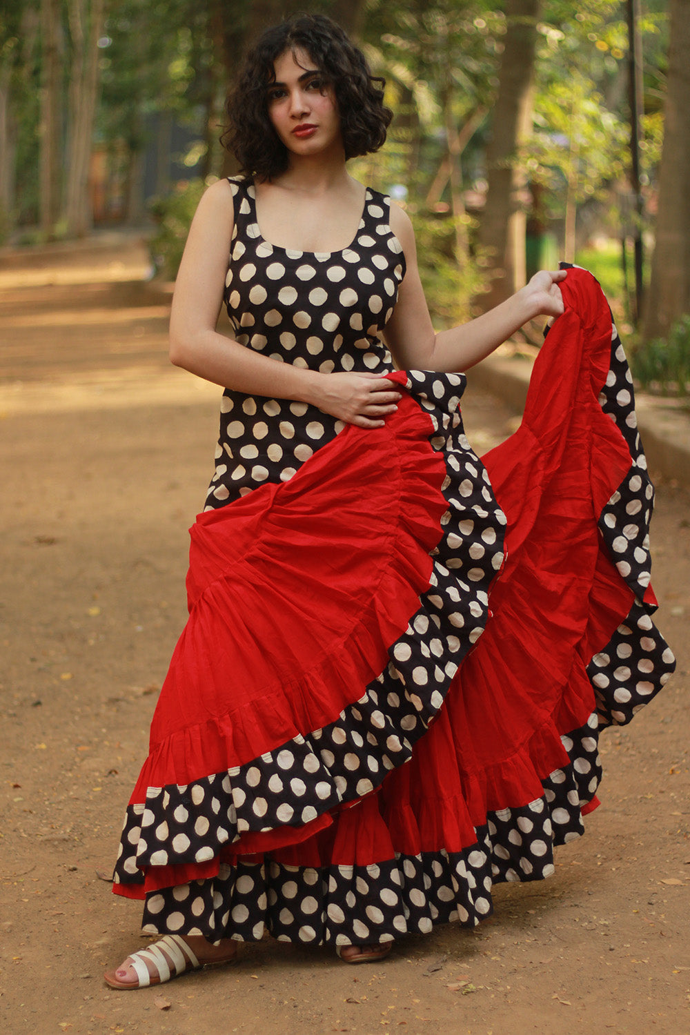 Ghumar | Tiered Long Skirt | Red with Noir Polka