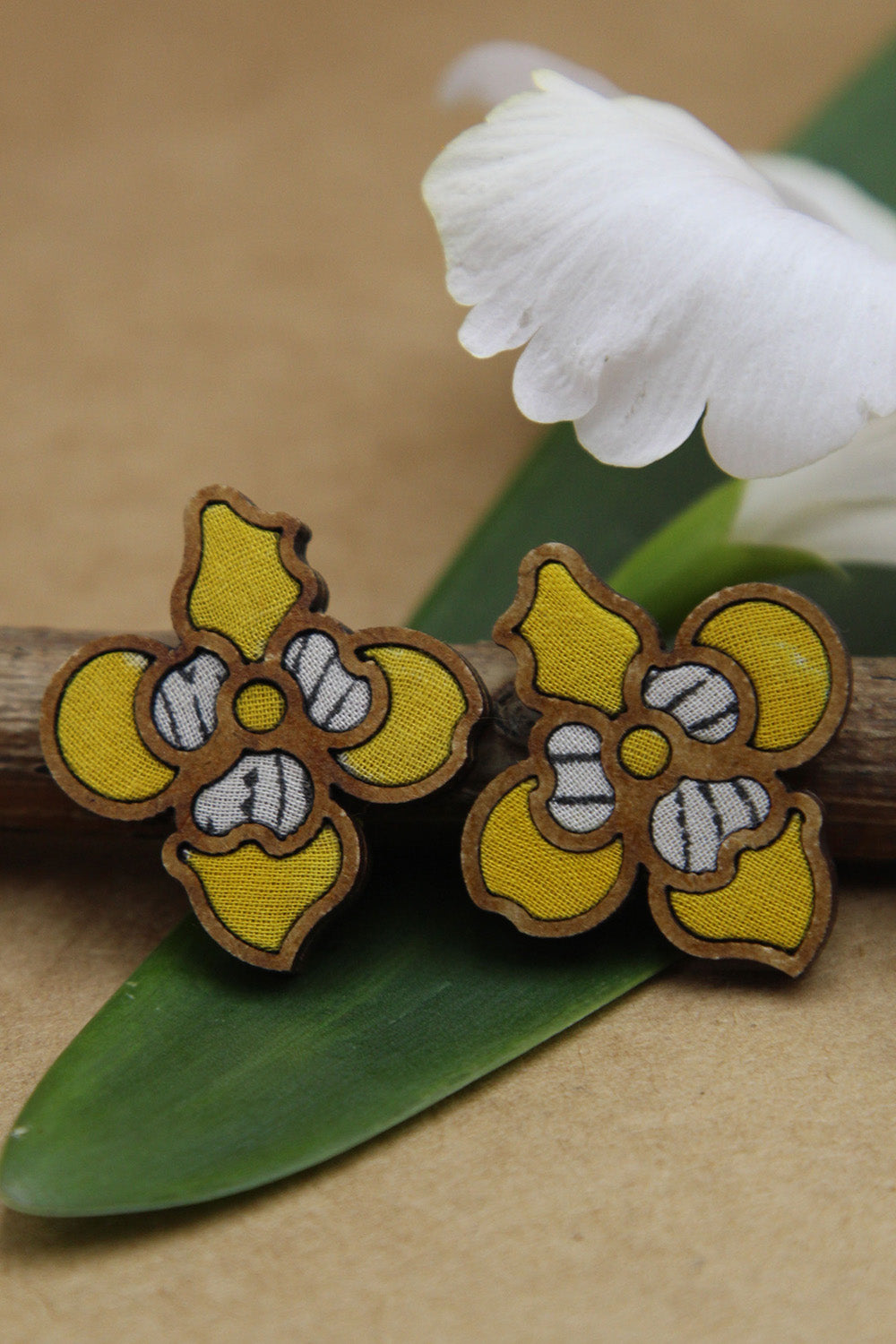 Abira | Chindi Fabric & Wood Earrings | Yellow