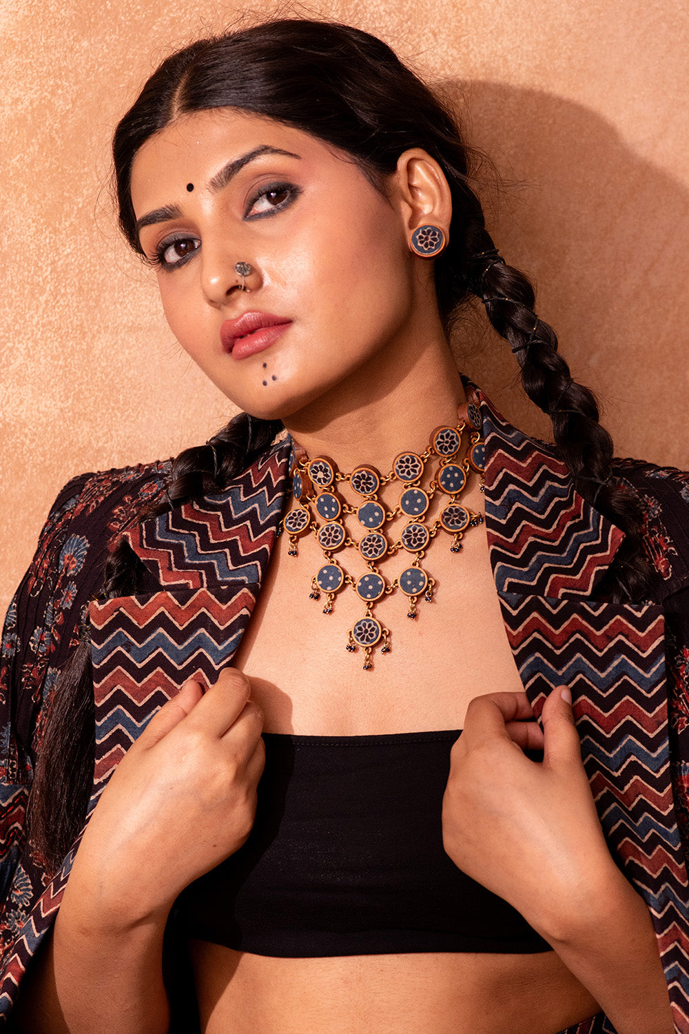 Abira | Chindi Fabric & Wood Earrings | Blue