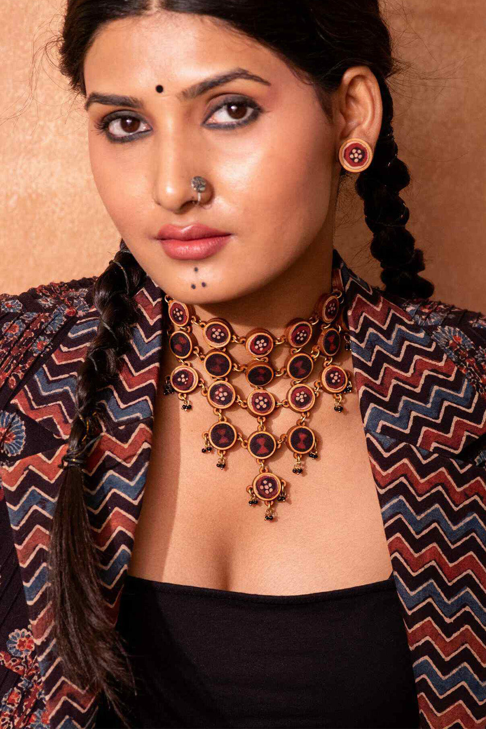Abira | Chindi Fabric & Wood Necklace | Noir Ajrakh