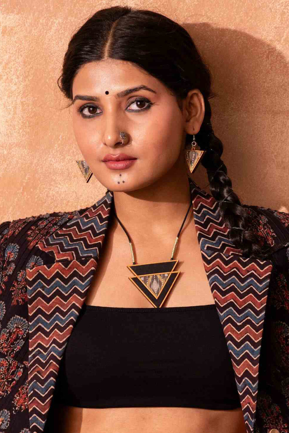 Abira | Chindi Fabric & Wood Earrings | Brown Ajrakh