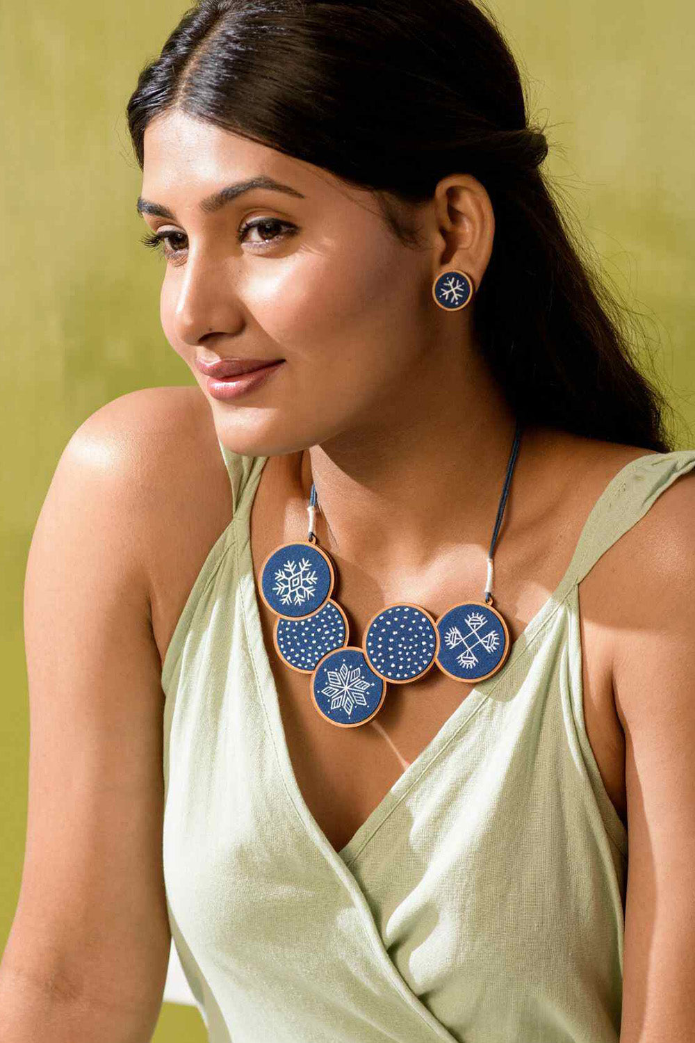 Abira | Chindi Fabric & Wood Earrings | Blue
