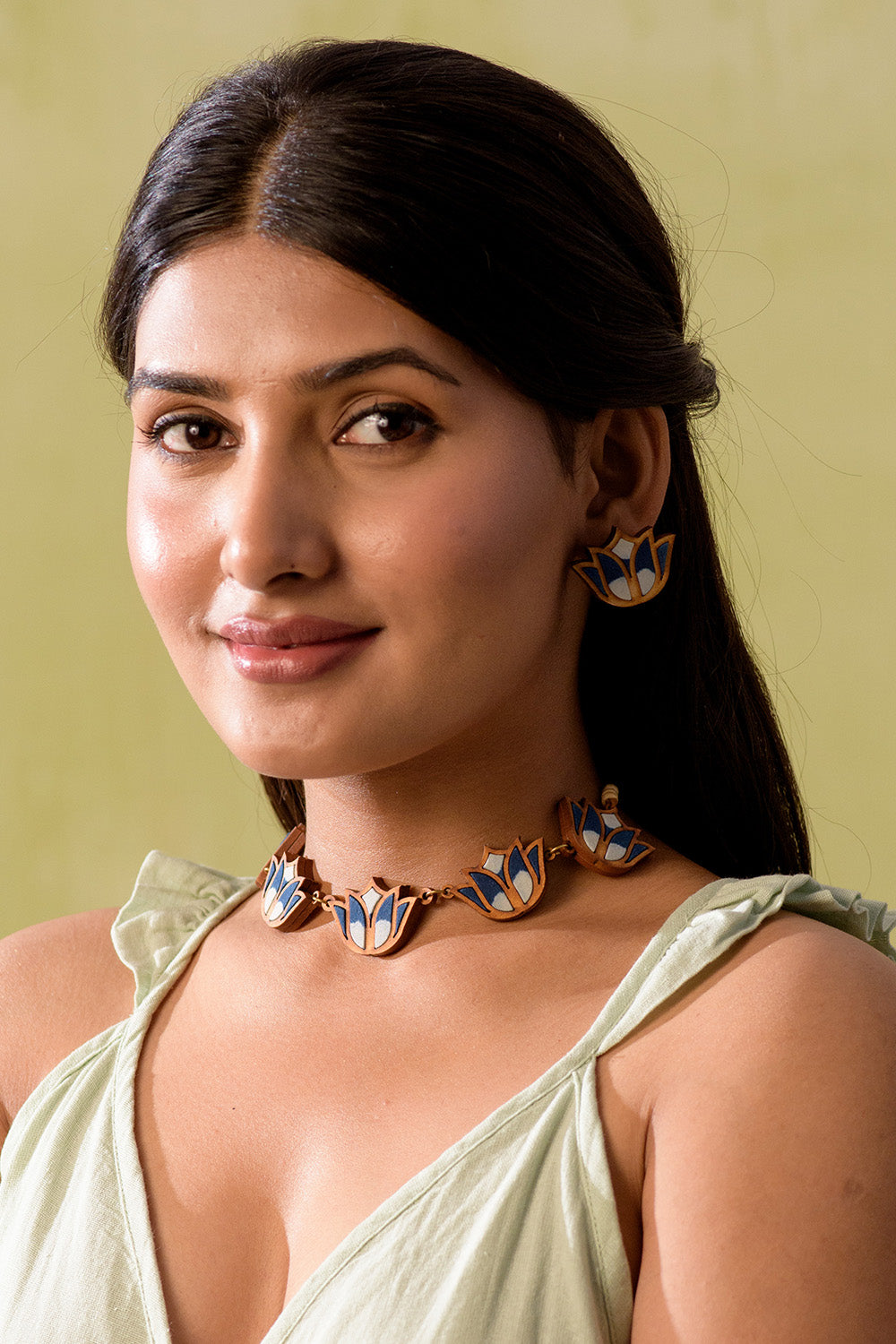 Abira | Chindi Fabric & Wood Earrings | Indigo
