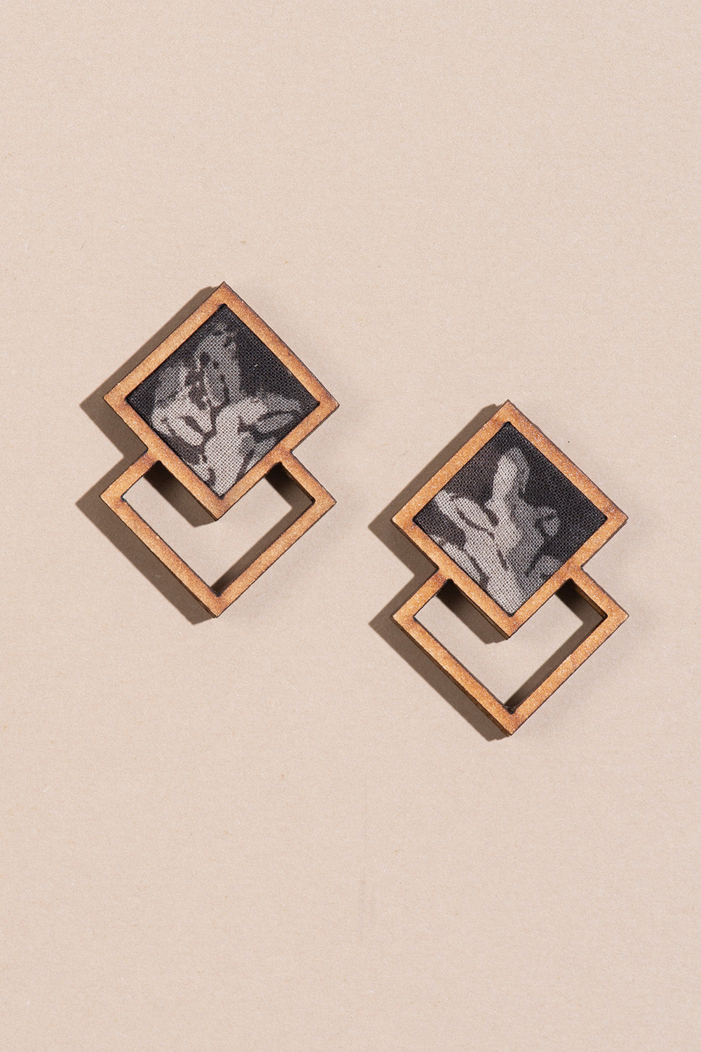 Abira | Chindi Fabric & Wood Earrings | Black & Beige Kalamkari