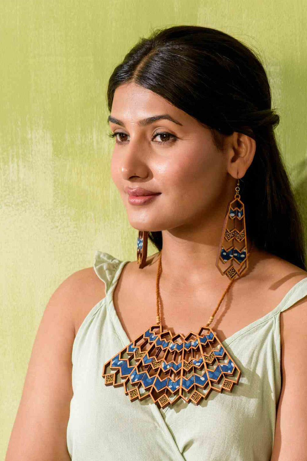 Abira | Chindi Fabric & Wood Earrings | Blue