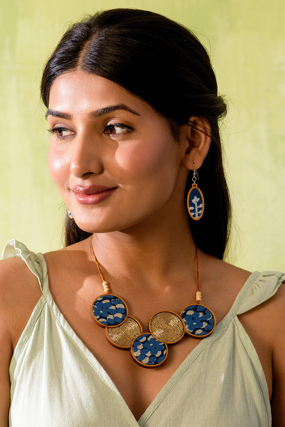 Abira | Chindi Fabric & Wood Earrings | Indigo