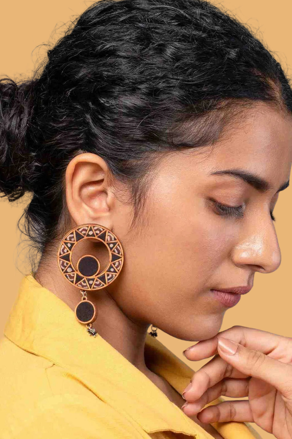 Abira | Chindi Fabric & Wood Earrings | Noir Ajrakh