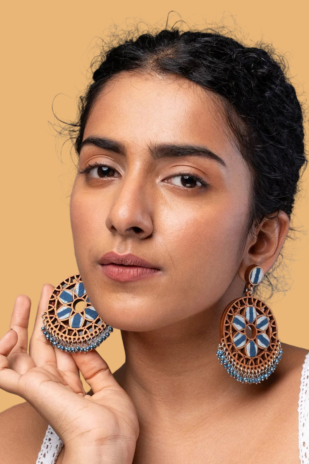 Abira | Chindi Fabric & Wood Earrings | Blue
