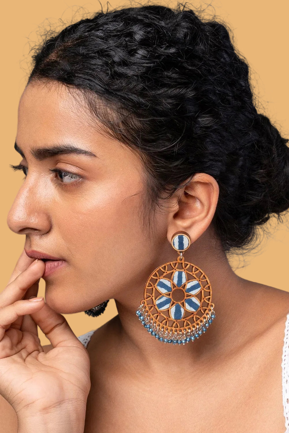 Abira | Chindi Fabric & Wood Earrings | Blue