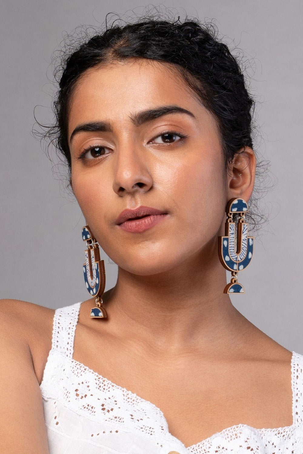 Abira | Chindi Fabric & Wood Earrings | Blue