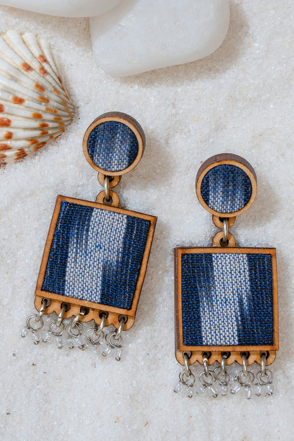 Abira | Chindi Fabric & Wood Earrings | Blue Ikkat