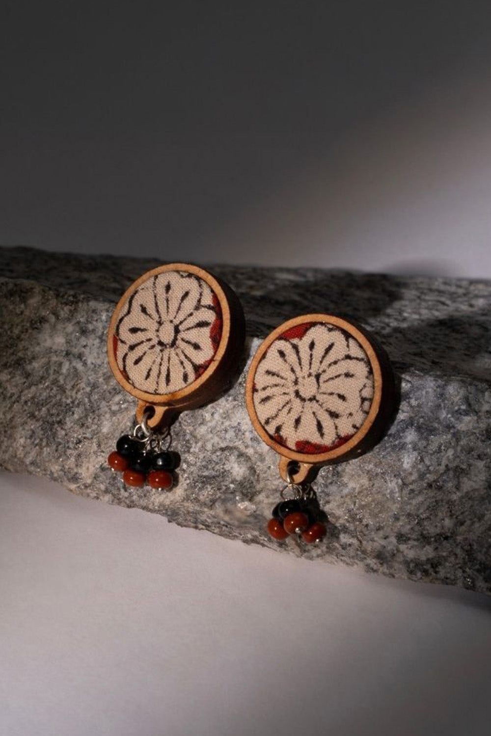 Abira | Chindi Fabric & Wood Earrings | Kalamkari