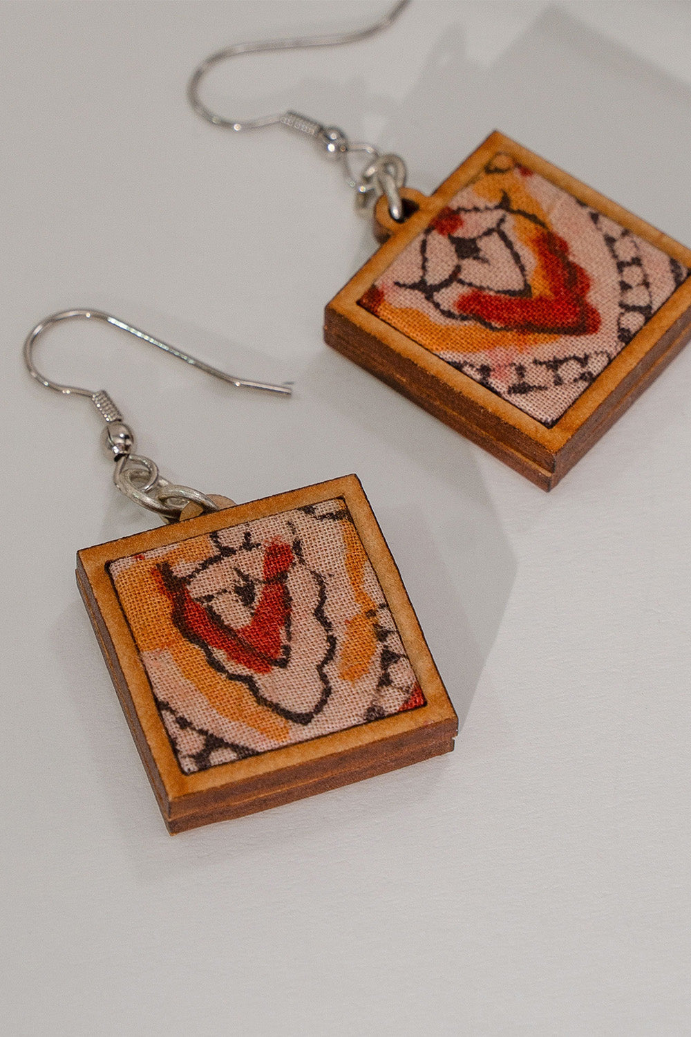 Abira | Chindi Fabric & Wood Earrings | Red Kalamkari
