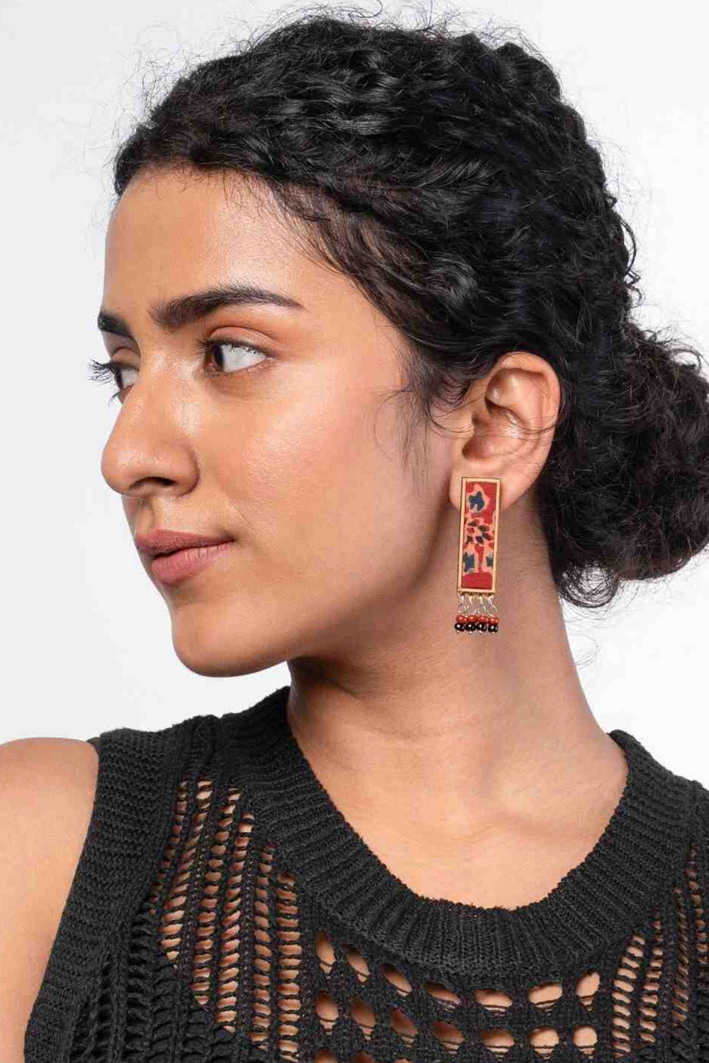 Abira | Chindi Fabric & Wood Earrings | Red Ajrakh