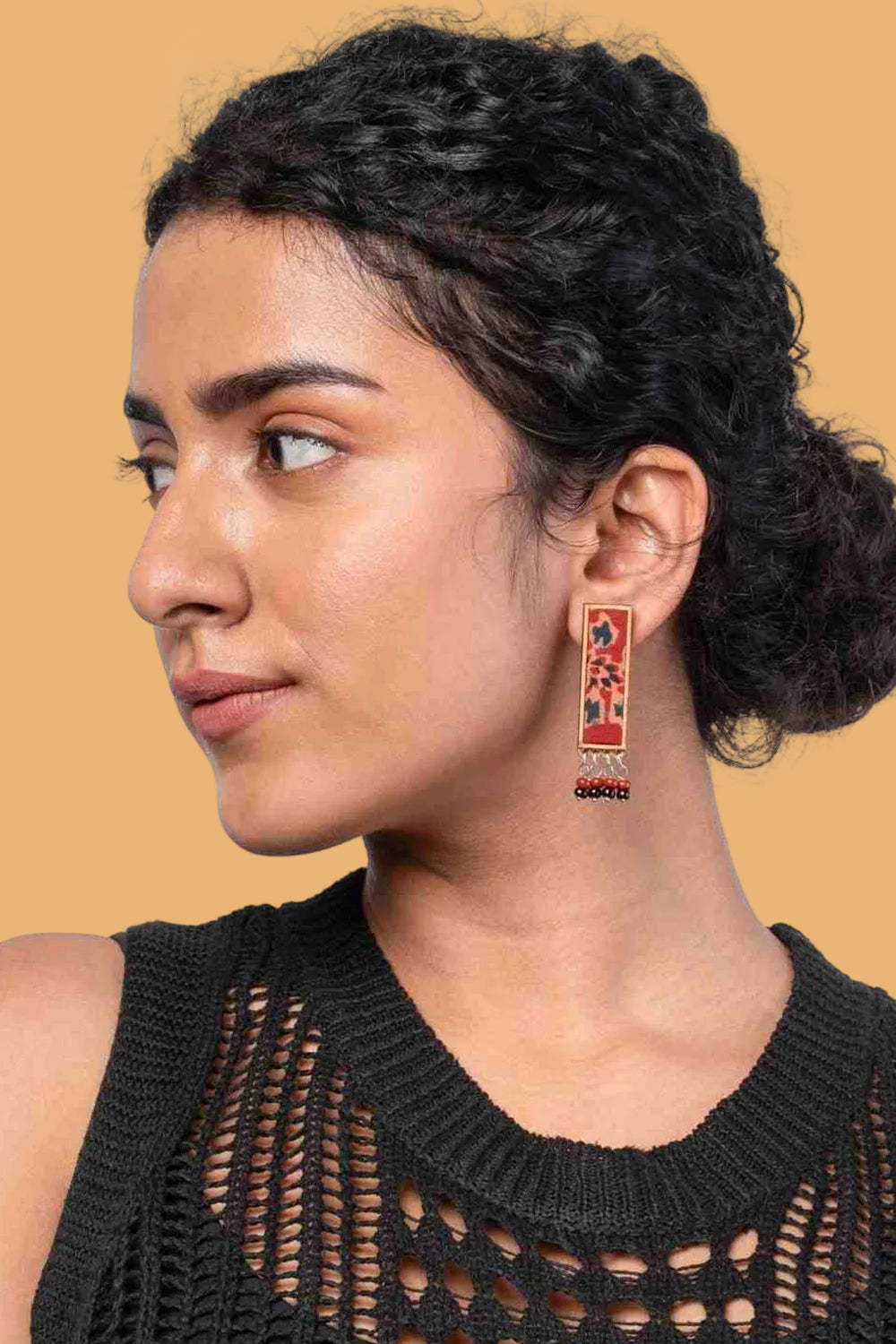 Abira | Chindi Fabric & Wood Earrings | Red Ajrakh