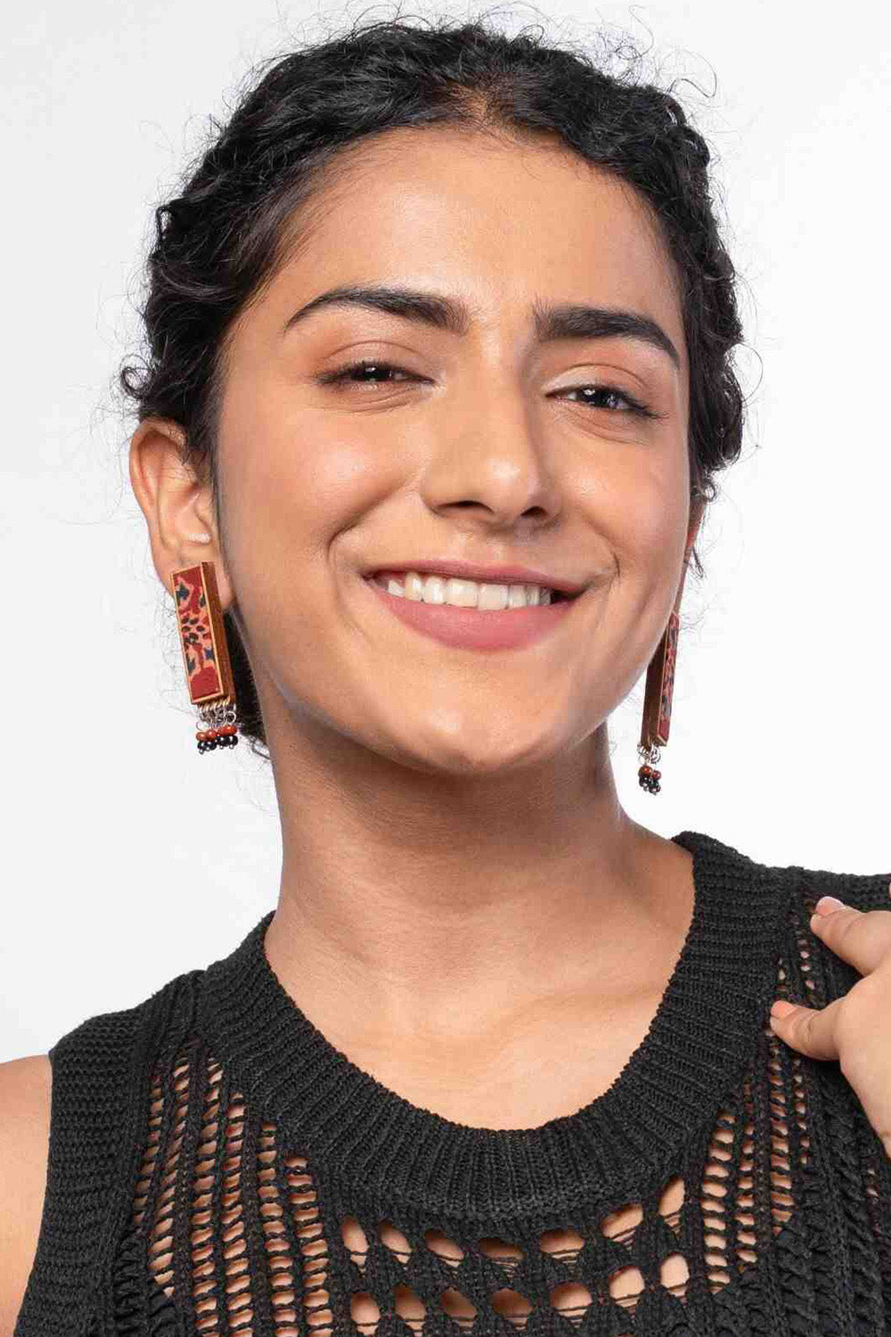 Abira | Chindi Fabric & Wood Earrings | Red Ajrakh