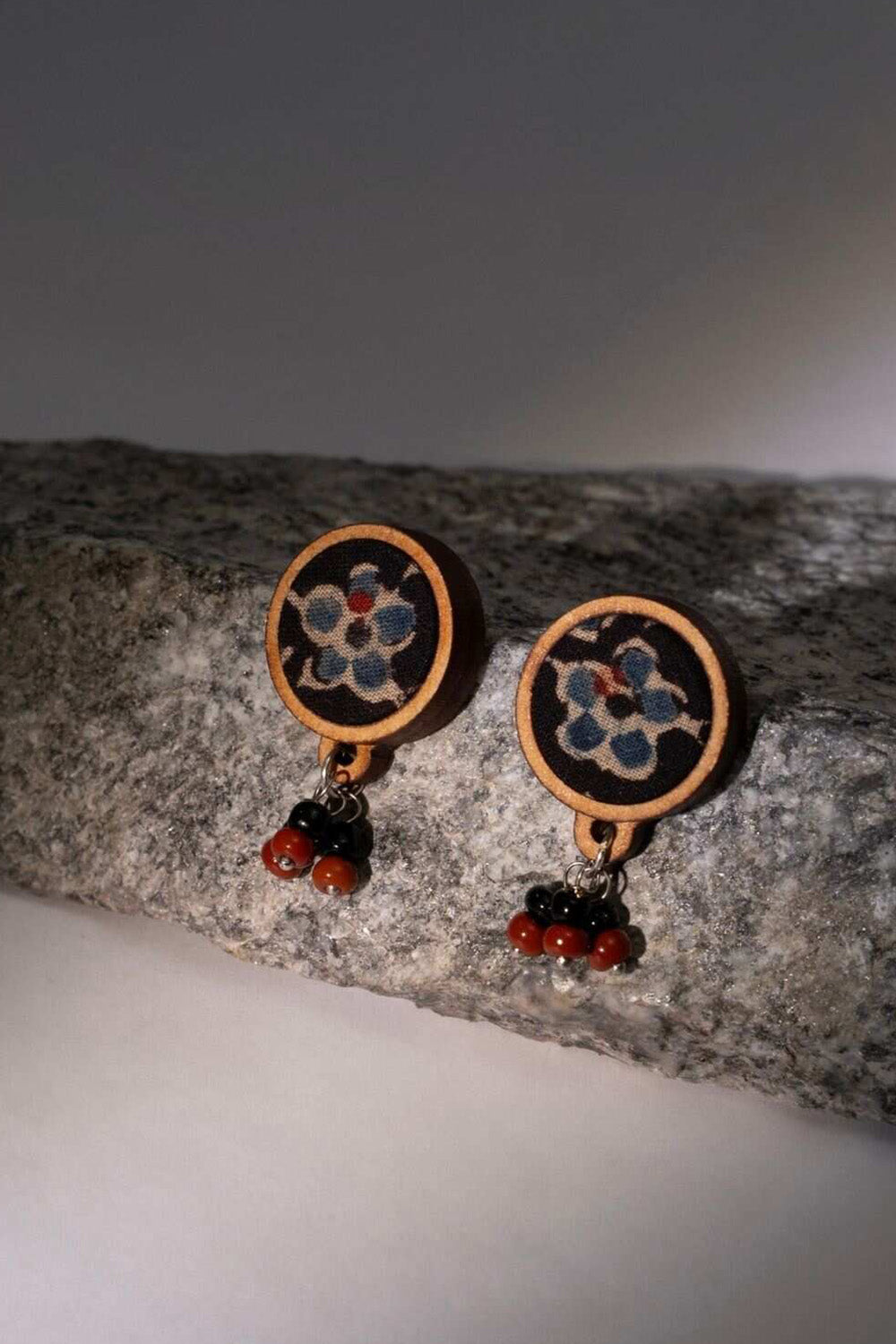 Abira | Chindi Fabric & Wood Earrings | Ajrakh