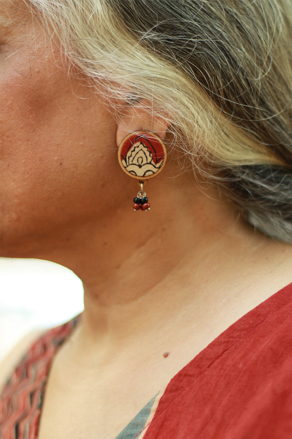 Abira | Chindi Fabric & Wood Earrings | Kalamkari