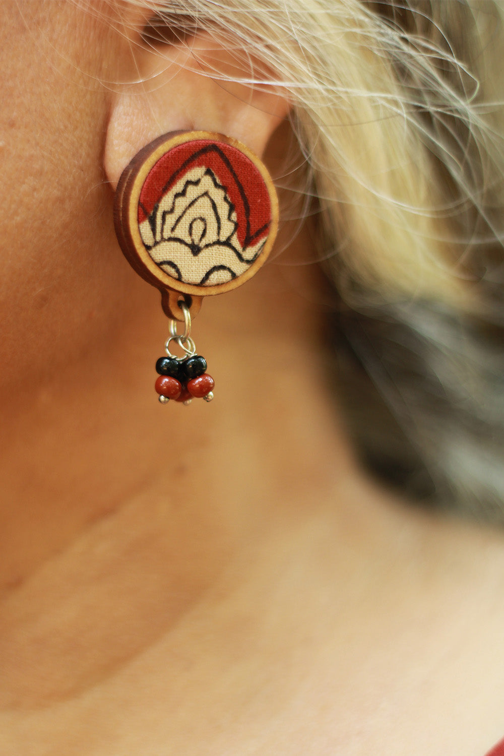 Abira | Chindi Fabric & Wood Earrings | Kalamkari