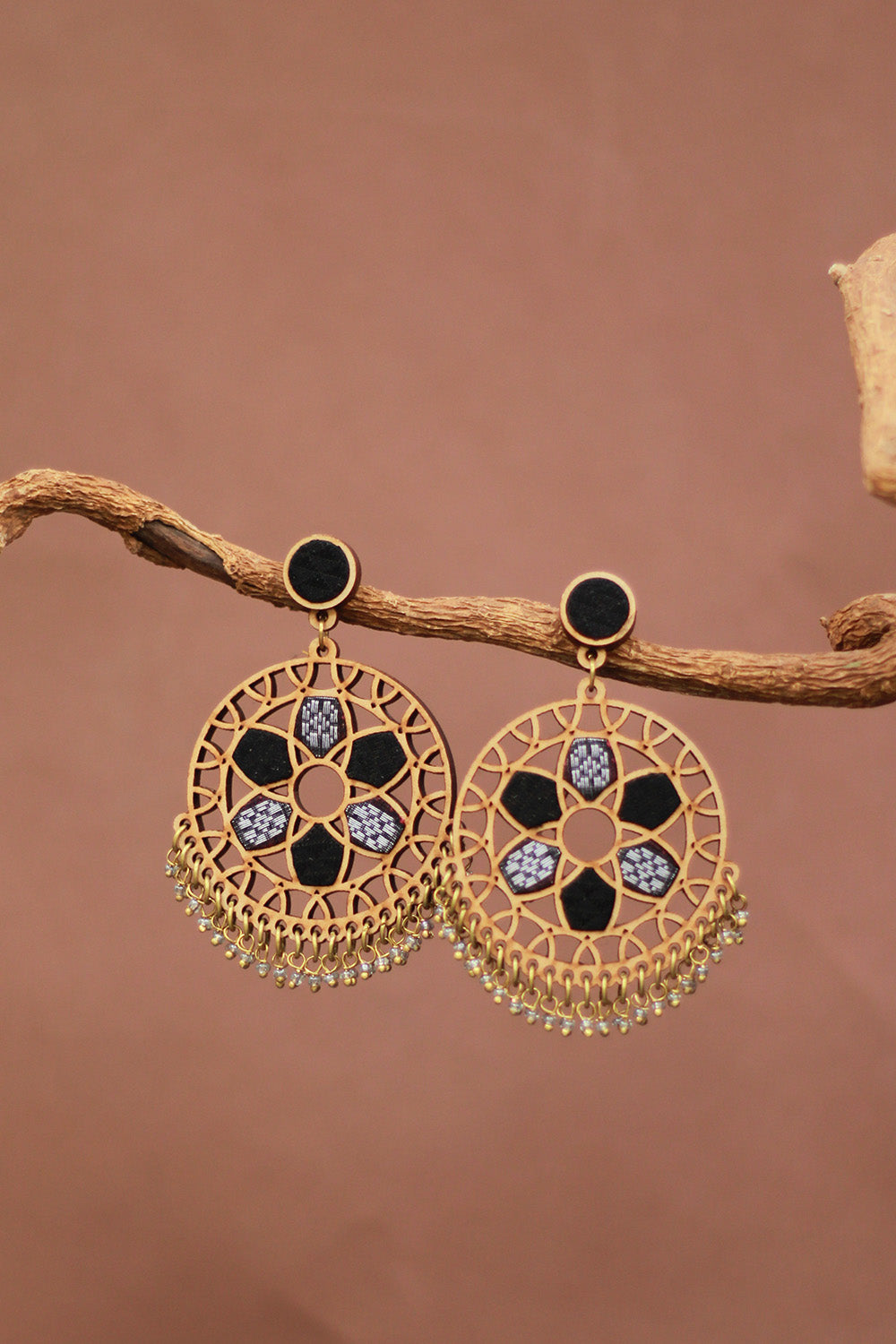 Abira | Chindi Fabric & Wood Earrings | Noir