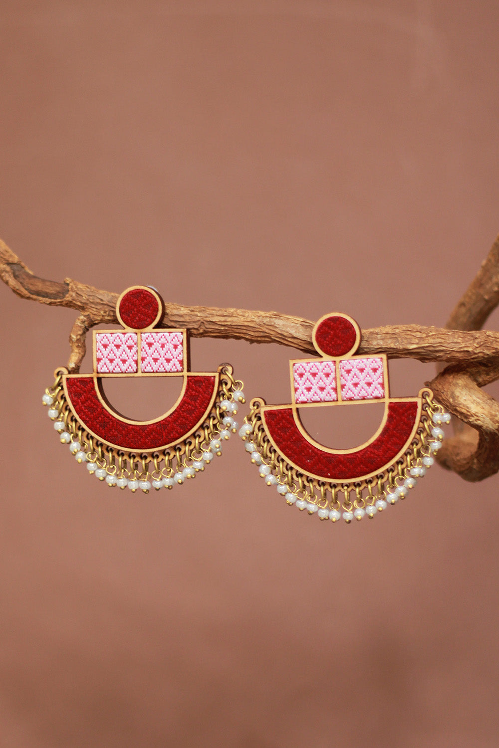 Abira | Chindi Fabric & Wood Earrings | Red