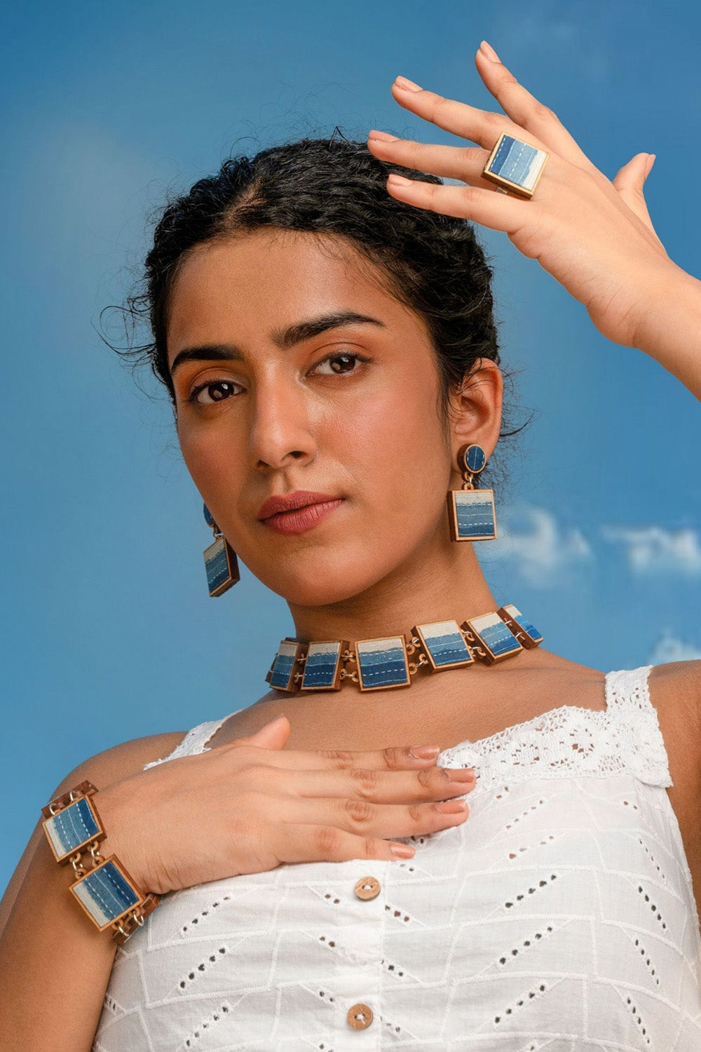Abira | Chindi Fabric & Wood Ring | Blue