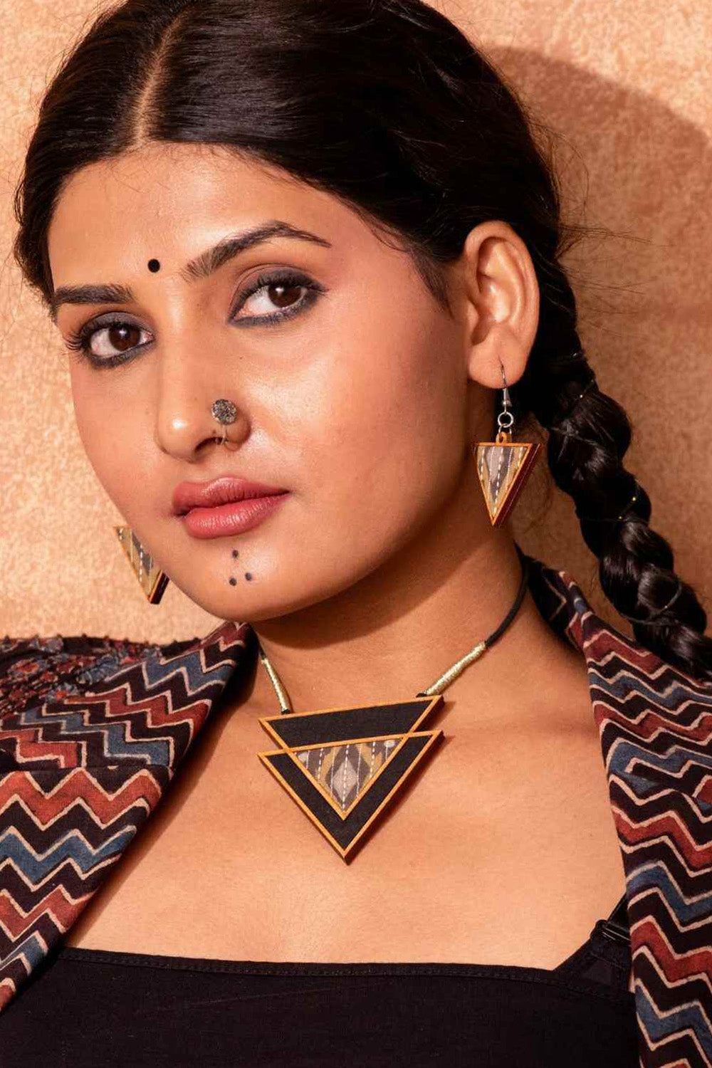 Abira | Chindi Fabric & Wood Necklace | Brown Ajrakh