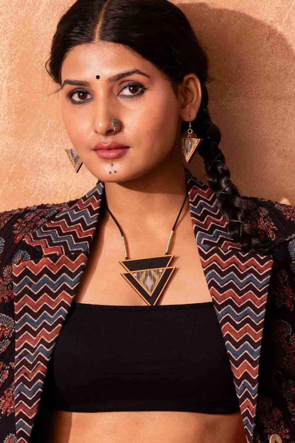 Abira | Chindi Fabric & Wood Necklace | Brown Ajrakh