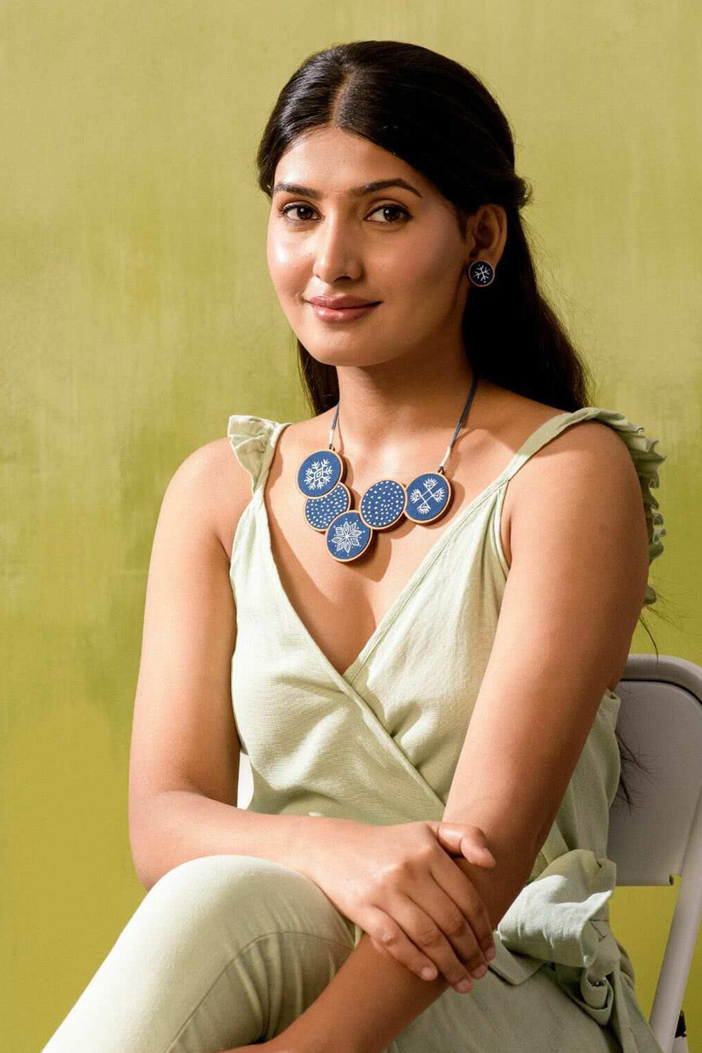 Abira | Chindi Fabric & Wood Necklace | Indigo