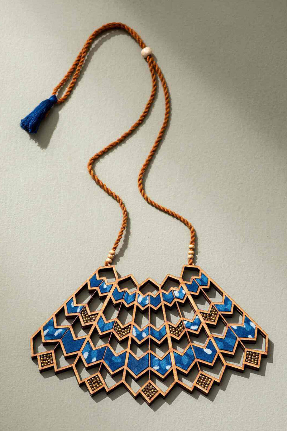 Abira | Chindi Fabric & Wood Necklace | Blue Kalamkari