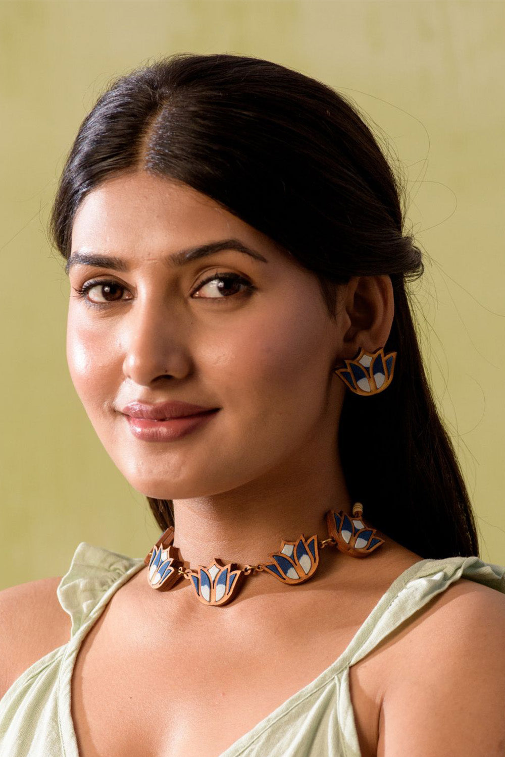 Abira | Chindi Fabric & Wood Necklace | Indigo